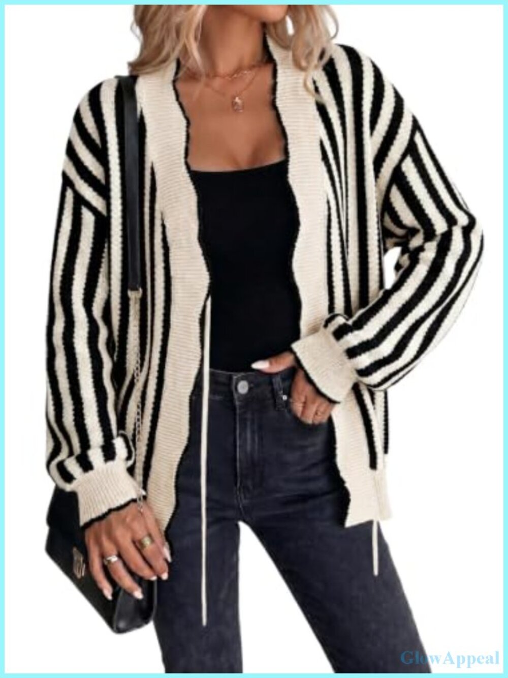 Striped Knit Cardigan Women Oversized Puff Sleeve V-Neck